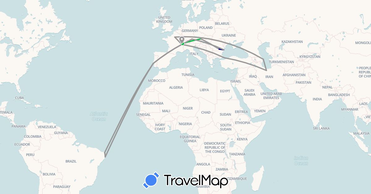 TravelMap itinerary: driving, bus, plane, train in Switzerland, Italy, Romania (Europe)
